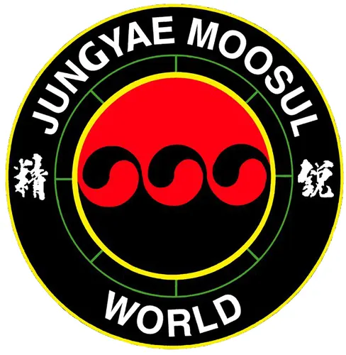 The Jungyae Moosul World emblem: three linked swirls in a red and black circle