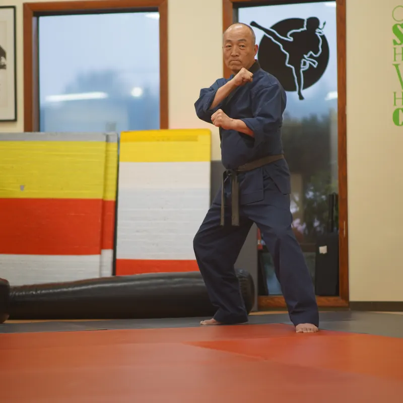 Grand Master Won Kuk Kim holding a stance in the academy, mats and training bags around him