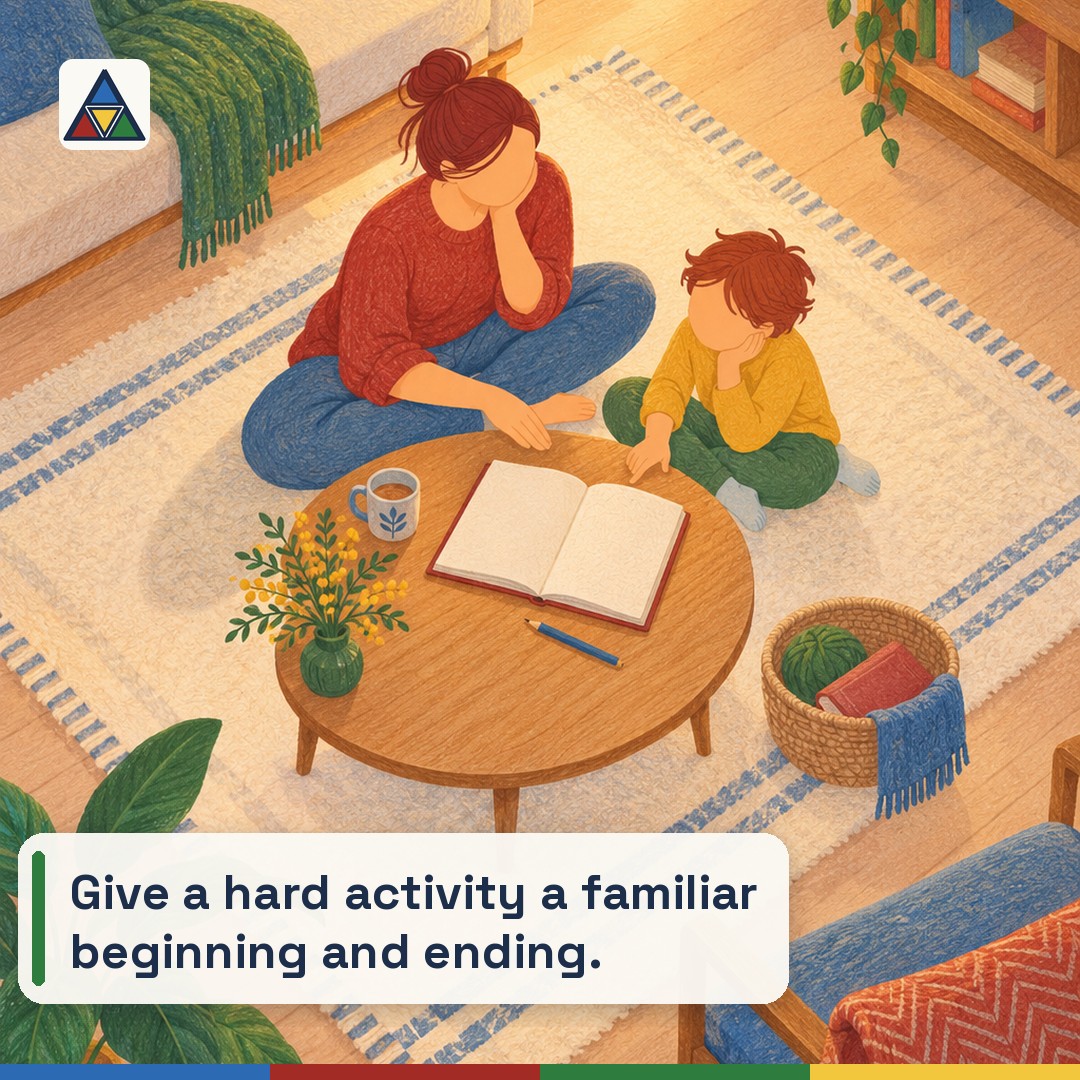 Illustration of faceless adult and child figures beside a low living room table with an open notebook, pencil and storage basket.